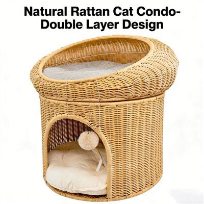 Anadladwy Gwydn-Madarch Rattan Haen Dwbl-siâp Ogof Cat/Gwely Anifeiliaid Anwes